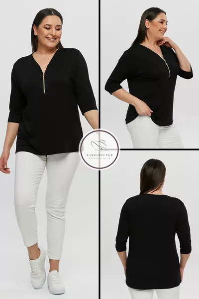 Plus Size New Season Capri Sleeve Blouse with Zipper Comfort Model, V-Neck, All-Season, Stylish Daily Blouse for Moms