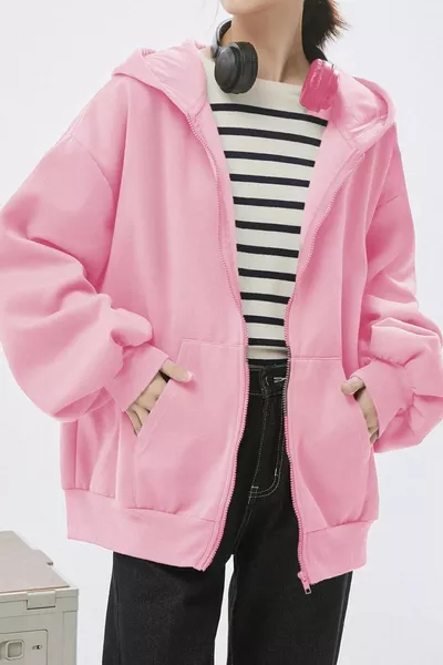 Дамска жилетка с 3 конеца в розово с качулка и цип