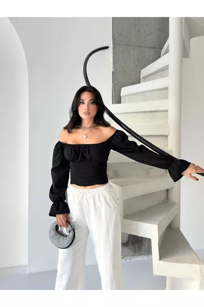 WOMEN'S BOAT NECK RUCHED DETAIL BALLOON SLEEVE CREPE BLOUSE