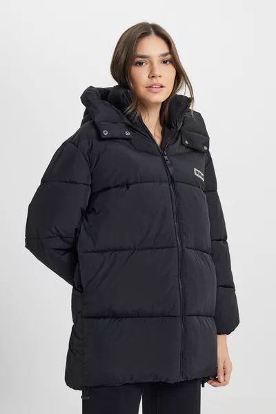 Dames Lange Zwarte Gewatteerde Jas met Capuchon en Ritssluiting, Losse en Comfortabele Pasvorm