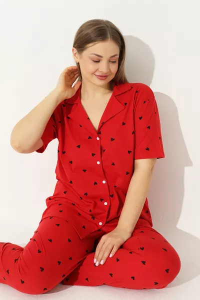 طقم بيجامة قطنية بأزرار بأكمام قصيرة بمقاس كبير ومنحني أحمر