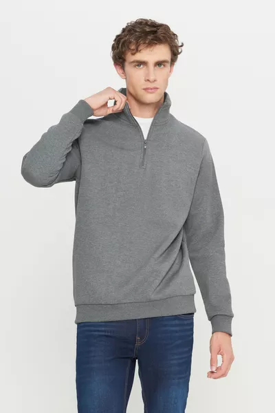 Men's Anthracite Melange Standard Fit Full-Zip High Collar Cotton Sweatshirt with Fleece Lining