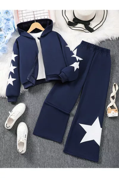 Navy Blue Star Printed 3-Ply Bottom with Fleece for Kids Set