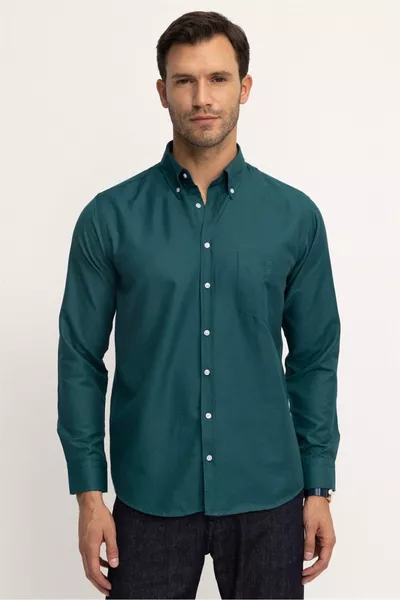 Erkek Regular Fit Klasik Kesim Oxford Doku Yaka Düğmeli Cepli Nakışlı Yeşil Gömlek
