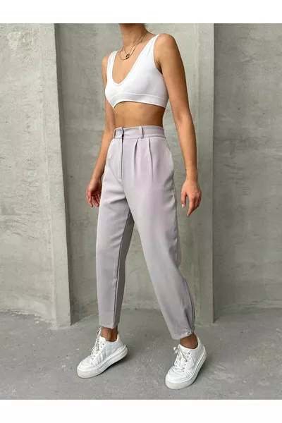 Women's Gray Pleated Buttoned Pants