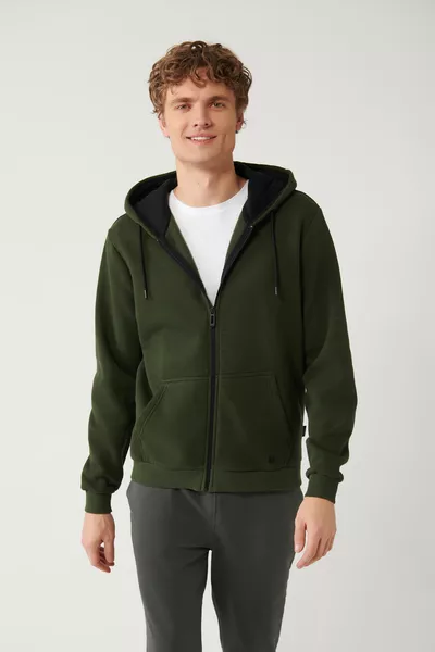 Sweat-shirt zippé à capuche pour homme en kaki, molletonné, tissu 3 fils, coupe régulière 