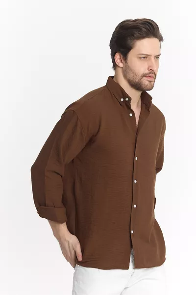 Men's Bitter Coffee Linen Textured Long Sleeve Oversized Shirt