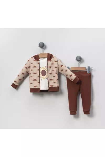 طقم أطفال قطني بثلاث قطع بنقشة الشمس - بني