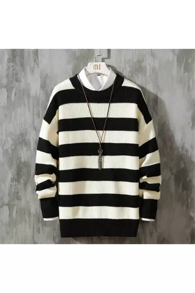 Black and White Striped Streetwear Oversize Unisex Sweater, standard black and white