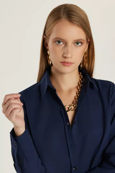 Women's Slim Fit Fitted Long Sleeve Cotton Textured Navy Basic Shirt