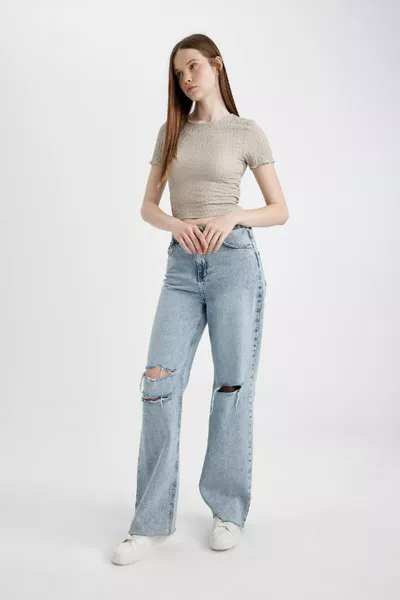 Fitted Bisiklet Yaka Bürümcük Kısa Kollu Tişört SM