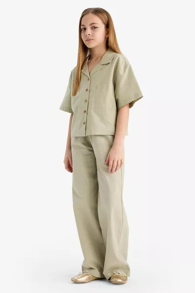 بنطال قطن للبنات بحزام مرن عند الخصر، بقصة ساق واسعة وواسعة جدًا SM