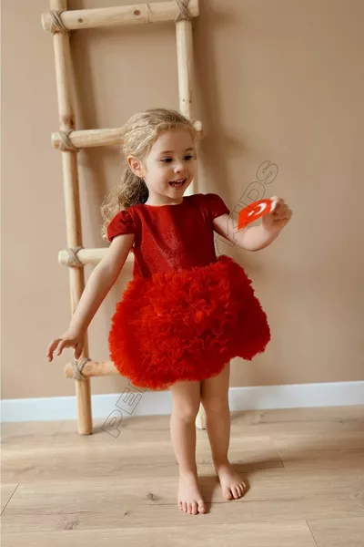 فستان فتاة رضيع بأكمام قصيرة وتول أحمر - برنسيس