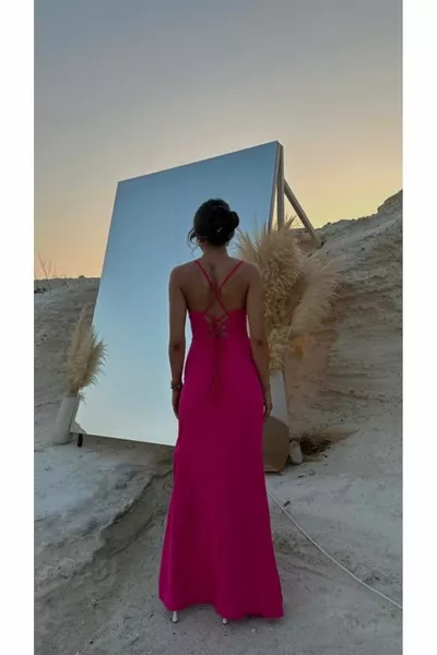 Women's Evening Dress Thin Strap Cross Tie at the Back Degaje Collar Back Low-Cut Deep Slit