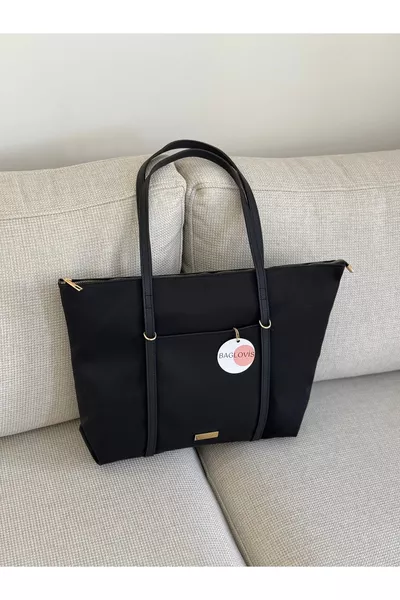 حقيبة كتف نسائية كبيرة سوداء بمقابض دائرية، العرض  سم، الارتفاع  سم