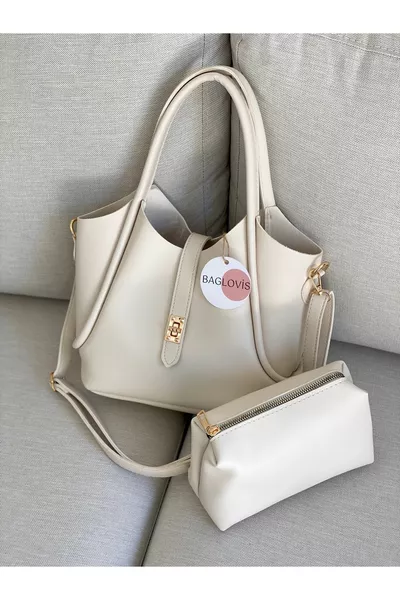 Cream Women's Shoulder Bag with Extra Pouch and Front Lock Detail