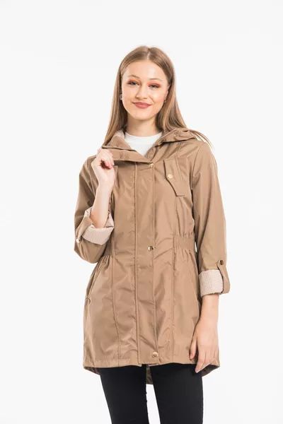 Women's Hooded Elastic Waist Foldable Sleeve Lined Trench Coat