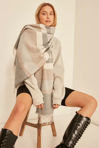  Soft-Textured Mixed Striped Ecru-Anthracite Thick Shoulder Shawl Scarf