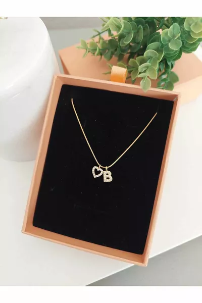 Дамско стоманено колие с минималистичен елегантен дизайн, цирконий, буква и сърце, буква B