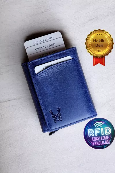 محفظة بطاقات رجالية زرقاء من الجلد الطبيعي مع آلية أوتوماتيكية وحماية RFID من Pescol