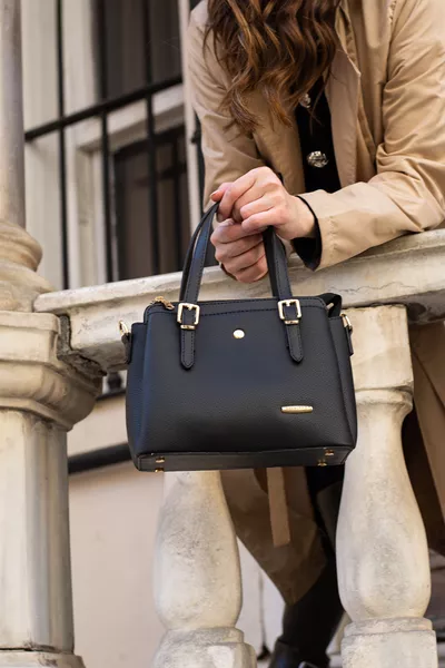 Women's Long Strap 4-Compartment Gold-Accented Simple Elegant Black Matte Shoulder and Handbag