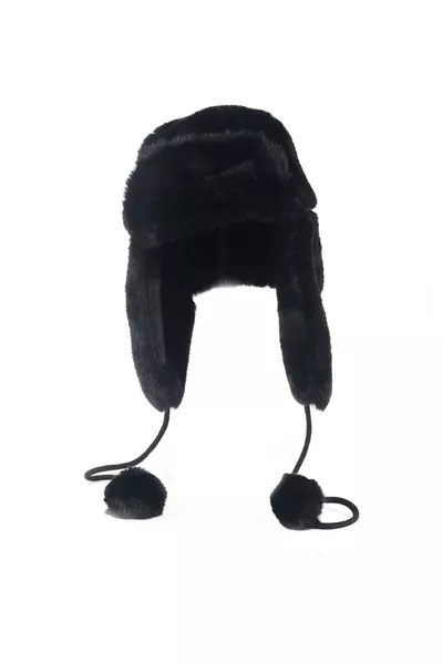 Chapeau en peluche à oreilles avec pompon en fausse fourrure - Noir