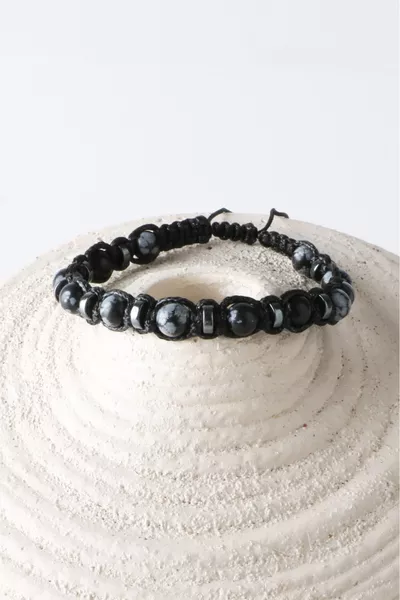 Men's Bracelet Original Genuine Certified Snow Obsidian - Hematite Cord Natural Stone Bracelet 6mm
