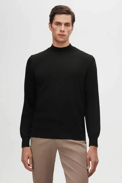 Regular Fit Schwarzer halber Fischer-Strickpullover aus Baumwollmischung