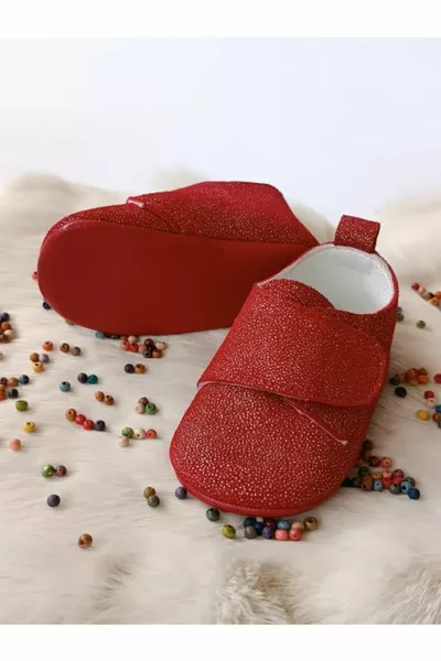 Scarpe da bambino in velcro in vera pelle rosso argentato