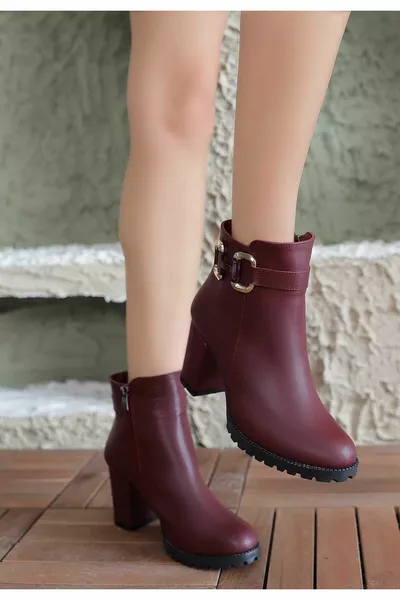 Zippered Women's Daily Use Short Boots with buckle detail