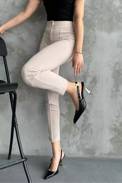 Women's Cream High Waist Pickup Narrow Leg Chima Fabric Pants