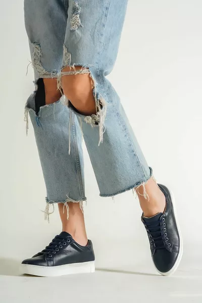 Cuir véritable bleu marine femmes cuir baskets 