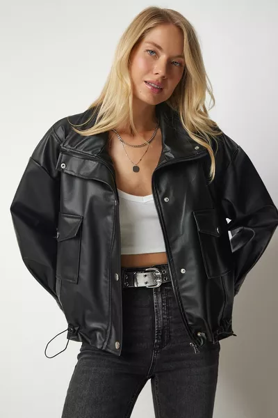 Schwarze Oversize-Jacke aus Kunstleder für Damen 