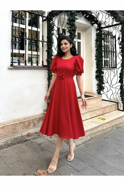 البطيخ الأكمام الأحمر كريب ميدي طول فستان واسع