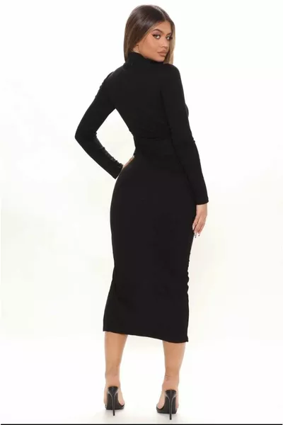 المرأة نصف الياقة المدورة طويلة الأكمام Bodycon اللباس مع شق ساق واحدة