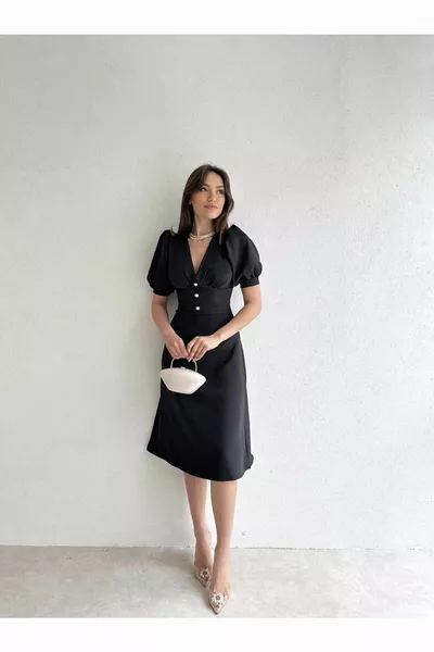 Zwarte Parelmoer Knoop Gedetailleerde Halve Mouw Midi Jurk