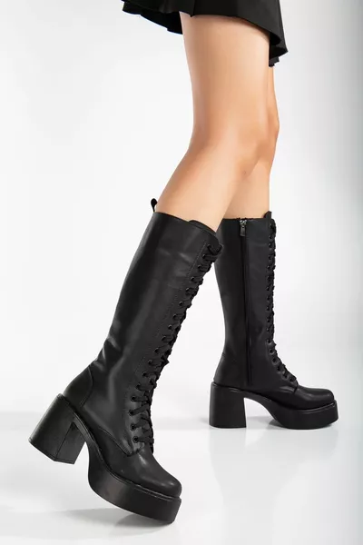 Bottes à talons plateformes à lacets 7,5 cm femme Noir