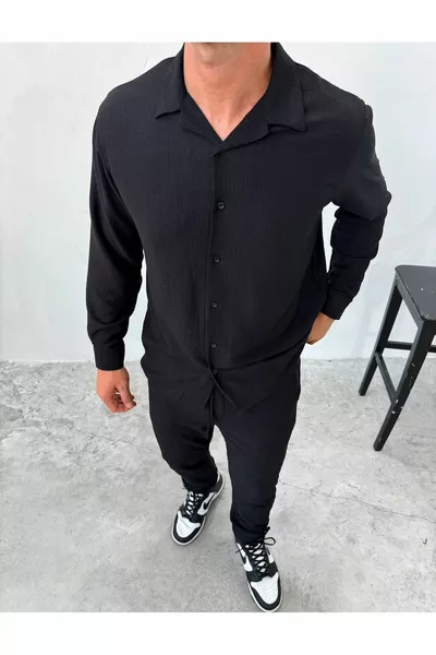 Long Sleeve Black Color Burlesque Men's Shirt Regular Full Pattern