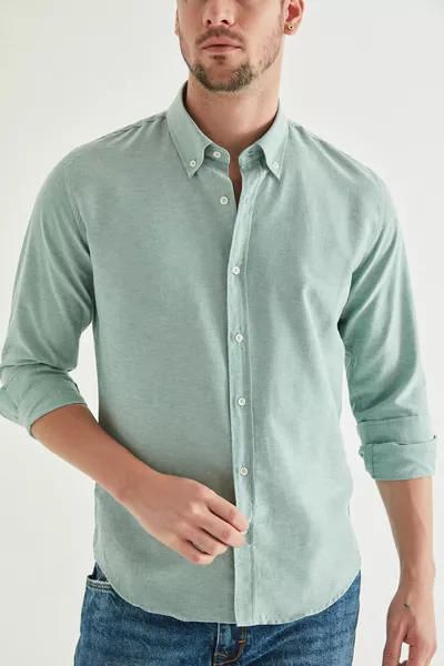 Slim fit groen Dobby katoenen overhemd met button-down kraag