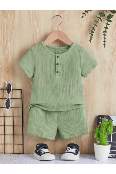 Unisex Baby & Kids % Katoen Knopen Hydrofiel Top Bottom Shorts Set-Groen