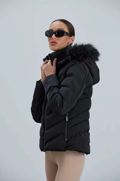 Cappotto imbottito con cappuccio rimovibile in pelliccia sintetica nera da donna Beste