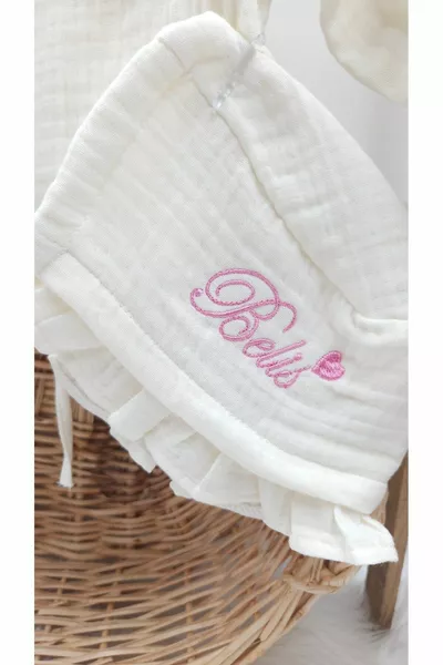 Yeni Doğan Müslin 3'li Kimono Bağcıklı Tulum % Pamuk Organik (Kişiye Özgü İsimli Nakış Desenli)