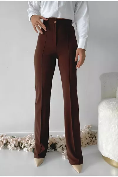 Pantaloni Palazzo da donna in tessuto crêpe marrone Lycra gamba spagnola