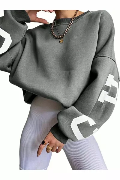 Sweat-shirt à col rond oversize imprimé Chicago à manches fumées 3 fils pour femme