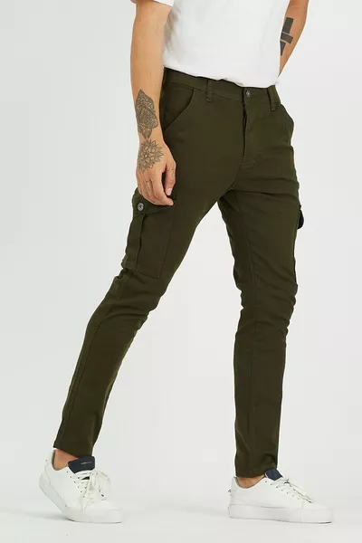 Herren Flexible Khaki Hose mit lockeren Cargotaschen mit hoher Taille