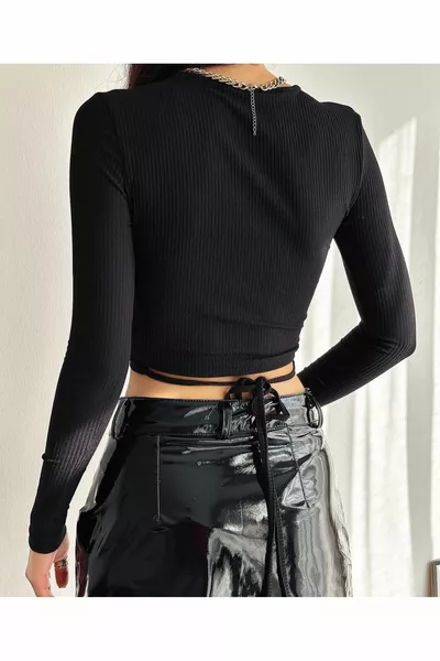 Camicetta a maniche lunghe con cravatta a vita corta a doppio petto nera da donna