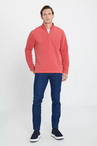 Men's Coral Anti-Pilling Non-Feathering Standard Fit Stand-Up Collar Fleece Sweatshirt