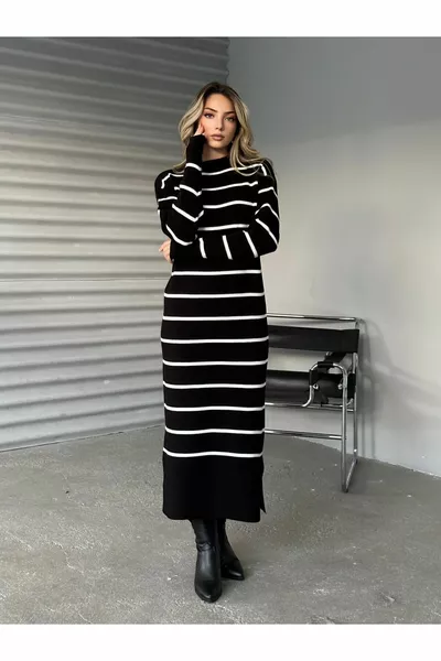 Gestreepte gebreide jurk met lange mouwen voor dames - zwart