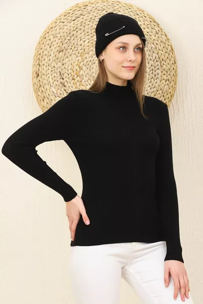 Maglione intrecciato in maglia di capelli di velluto a coste nero da donna