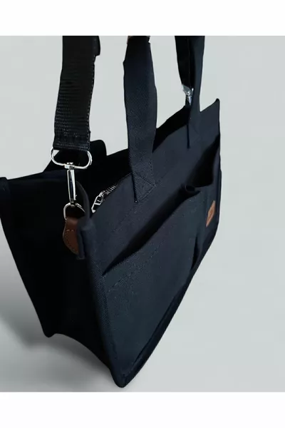 Женская холщовая ткань черного цвета Большая сумка из двух предметов с передними карманами Сумка для рук и плеча